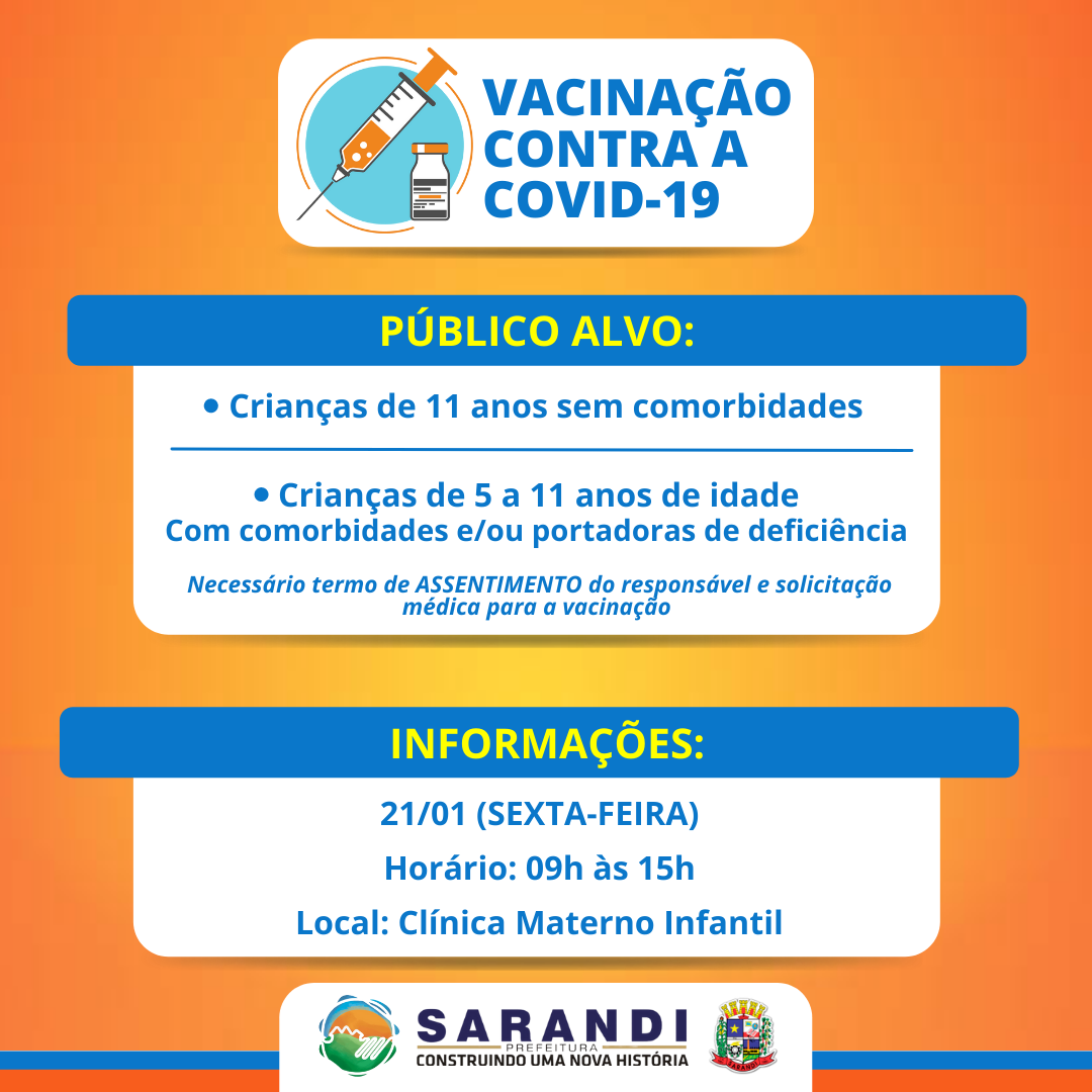 Vacinação Contra Covid-19 - Crianças de 05 a 11 anos de idade - Sexta-feira (21/01)